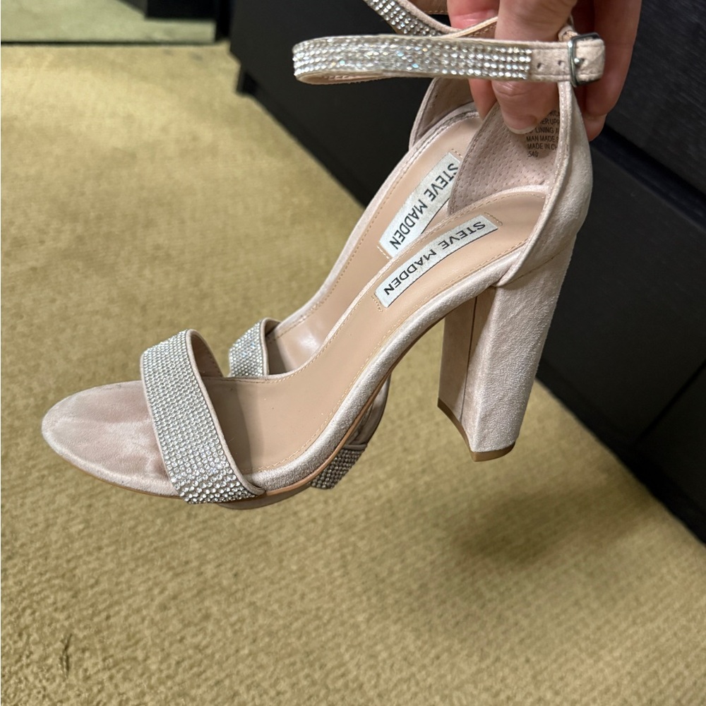 Women's Beige Rhinestone Heeled Sandals